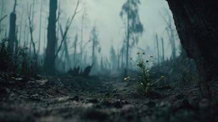 Resilient Plant Growing in Charred Forest Amidst Smoke and Destruction