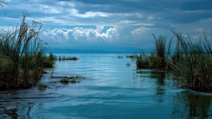 Calm Lake Scene with Reeds, Clouds, and Mountain Range in the Distance