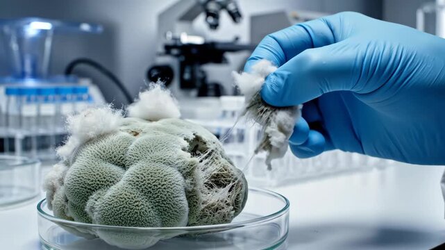 Close-up of mold in petri dish being investigated in a scientific laboratory setting, medical