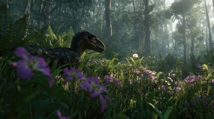 Dinosaur in a lush jungle with vibrant flowers and dense foliage in early morning sunlight