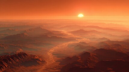 Mars landscape with rugged mountains and setting sun in a reddish sky