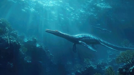 Underwater Scene of a Long-Necked Dinosaur and Fish Swimming in Marine Environment