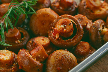 fried mushrooms, with spices, in soy sauce, vegetarian food, homemade, no people,