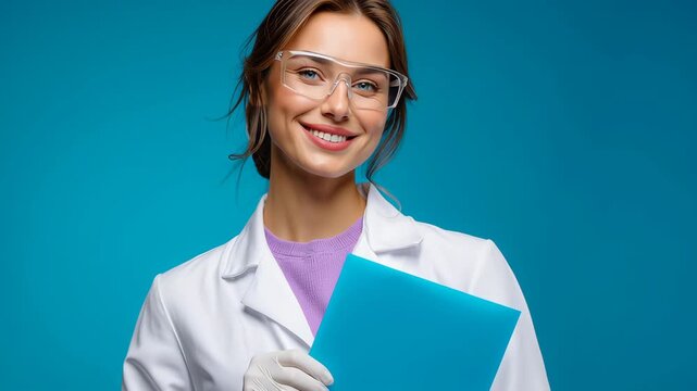 Young scientist woman in white lab coat wearing safety glasses holding blue folder with confidence and joy in lab environment