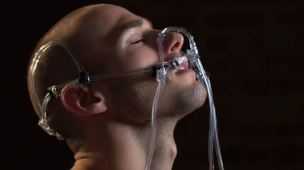 Close-up of a Man Wearing a Breathing Mask with Closed Eyes in Dark Environment
