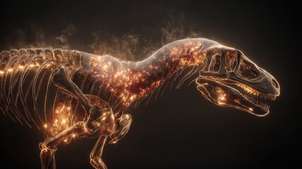 Glowing Dinosaur Skeleton with Fire and Sparks in Dark Background