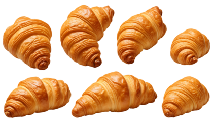 A clean collection featuring an isolated croissant on transparent background, a sleek modern jug, a set of colorful glowing idea bulbs, paper clips, and detailed magnifying glasses for high-quality de