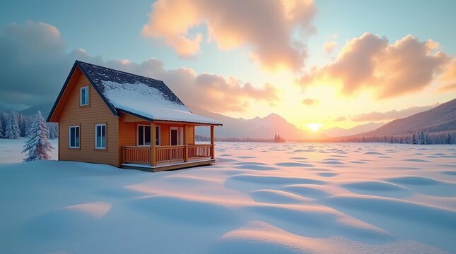 A wooden cabin (snow-dusted roof, porch) sits in a sunlit, snow-covered expanse; golden sunset, mountains, and frosted pines fill the background. - Powered by Adobe