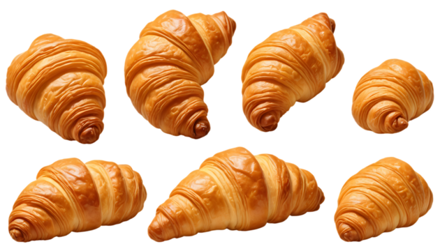 A clean collection featuring an isolated croissant on transparent background, a sleek modern jug, a set of colorful glowing idea bulbs, paper clips, and detailed magnifying glasses for high-quality de