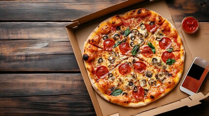 Delicious pizza open delivery box placed on rustic wooden table with napkins sauces and smartphone showing delivery app notification