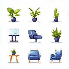 A collection of nine flat design illustrations featuring office furniture and potted plants, including blue armchairs, a desk with a glass top, and various gree