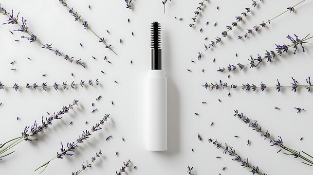 Elegant mascara product mockup with fresh lavender flowers on a clean white backdrop, perfect for beauty and wellness marketing campaigns with a natural aesthetic