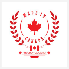 Red abstract isolated Made in Canada insignia banner with leaf and Canadian flag emblem icon and Proudly Canadian message on white background