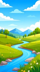 Obraz premium Serene Landscape with River, Hills, and Blue Sky Illustration.