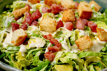 Brussels sprouts Caesar salad, with bacon and croutons, healthy food, homemade, no people,