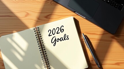 An open "2026 Goals" notebook (with a pen) sits on a sunlit wooden desk, beside a laptop.