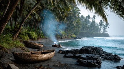 Tropical Beach with Palm Trees and Fireside Scene in a Remote Coastal Setting