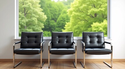 Three tufted black leather armchairs (with metal frames) line a wall below a window, with a lush green tree view and wooden floor.