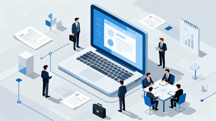 This isometric illustration depicts business professionals collaborating around a large laptop, surrounded by documents and office supplies, representing digital teamwork and corporate workflow.