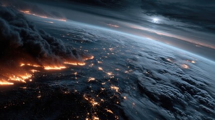 Earth from Space on Fire with Volcanic Eruptions and Dark Clouds under Moonlight