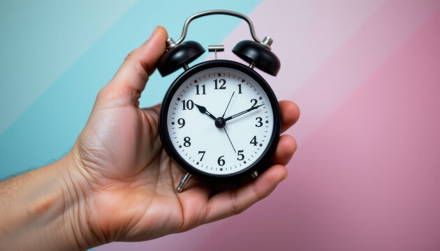Hand holding black alarm clock showing time with pastel blue and pink background, symbolizing punctuality and time management