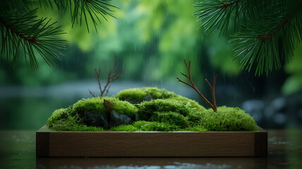 Miniature Moss Garden in Rain with Pine Branches, Tranquil Nature Scene, Green Moss Landscape, Zen Garden Concept, Rainy Day Ambiance, Serene Environment
