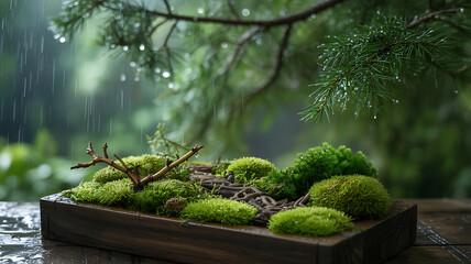 Miniature Moss Garden in the Rain: A Tranquil Scene with Lush Green Moss, Twigs, and Raindrops Creating a Serene and Natural Ambiance on a Wooden Surface