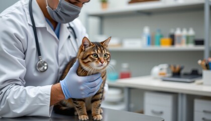 Veterinarian examining a cat in a clinic veterinary office animal care indoor setting close-up view