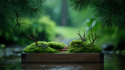 Miniature Moss Garden in Rain: Tranquil Green Landscape with Pine Branches and Wooden Planter, Serene Nature Scene, Rainy Day Ambiance, Close-Up View
