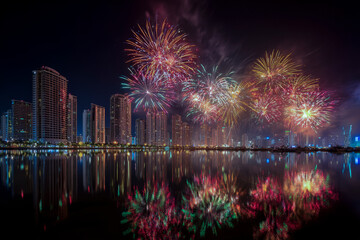 Fototapeta premium Chinese new year fireworks illuminating building skyline by water