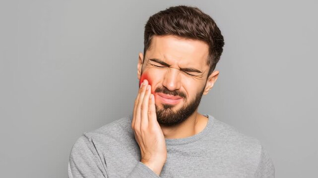 Close up of a young man experiencing intense tooth pain, highlighted by a red glow on her cheek, indicating inflammation and discomfort
