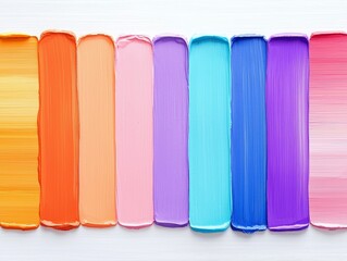 A row of thick, vertical paint swatches in various bright colors, from yellow and orange to pink and purple, displayed on a white, textured surface.