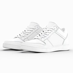 A pair of white sneakers are displayed against a clean white background. The shoes are presented in a studio setting with soft, even lighting, highlighting thei