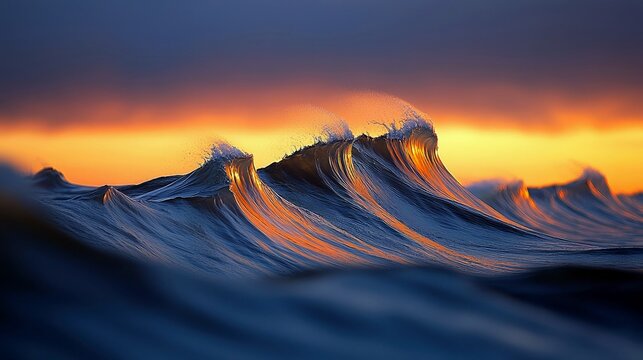Powerful ocean waves crest and break, illuminated by the warm glow of a setting sun, against a dramatic twilight sky. - Powered by Adobe