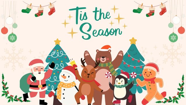 christmas background with animals and tis the season text