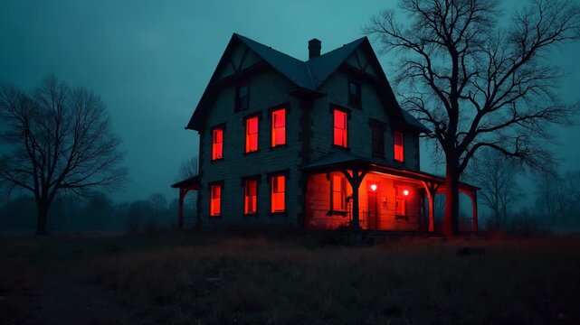 Mysterious old house illuminated by eerie red light in the windows, surrounded by leafless trees in a foggy atmosphere. Perfect for Halloween, horror, or spooky themes.