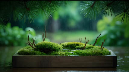 Miniature Moss Garden in Rain with Pine Branches, Tranquil Nature Scene, Lush Green Moss, Wooden Planter, Rainy Day, Close-Up, Serene and Peaceful