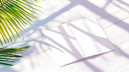 An open, blank book lies on a white wooden surface, surrounded by lush green palm leaves and cast in the dappled light of sunlight filtering through foliage. Th