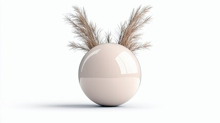 A smooth, spherical vase in a neutral tone holds dried pampas grass plumes, set against a clean white background with soft lighting.