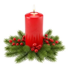 christmas decoration with candle and holly isolated on white background