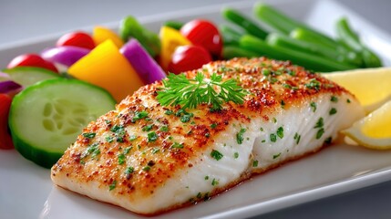 A close-up shot of a perfectly cooked, golden-brown fish fillet seasoned with herbs, served on a white plate with a colorful assortment of fresh vegetables incl