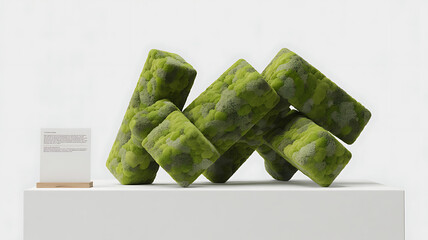 Abstract Moss Covered Cubes Sculpture on White Pedestal, Modern Art Installation with Green Textural Elements, Minimalist Design and Contemporary Aesthetic