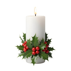 christmas candle with holly and berries isolated on white background