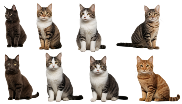 A detailed collection including a transparent pulled-pork sandwich, a vibrant rainbow arc, a rustic old hunting knife with a leather handle, and a versatile set of cats and clouds for creative design 