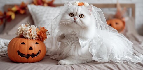 Adorable white cat bride in wedding veil celebrates Halloween with pumpkin, a playful and humorous scene, perfect for fall celebrations