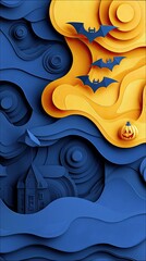 A stylized paper cut scene depicting a Halloween night with flying bats, a jack-o'-lantern, and a spooky haunted house against a layered blue and yellow backgro