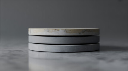 Minimalist Stack of Round Concrete Coasters on Marble Surface, Neutral Tones, Product Display Platform, Modern Home Decor, Still Life Photography