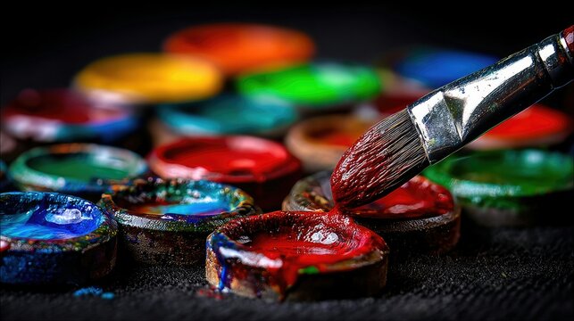 A close-up shot of a paintbrush with red paint on its bristles, dipping into a small container of red paint. A variety of other colorful paints are visible in t - Powered by Adobe