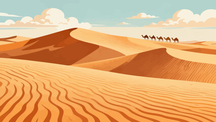 This vibrant desert illustration features golden sand dunes, cacti, a camel caravan, and distant mountains, creating a vivid and iconic arid landscape scene.