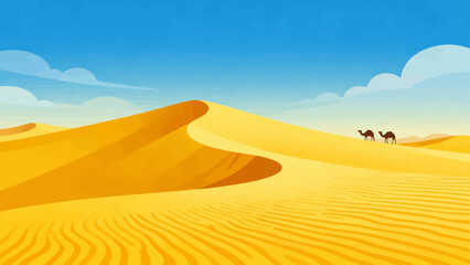 This vibrant desert illustration features golden sand dunes, cacti, a camel caravan, and distant mountains, creating a vivid and iconic arid landscape scene.